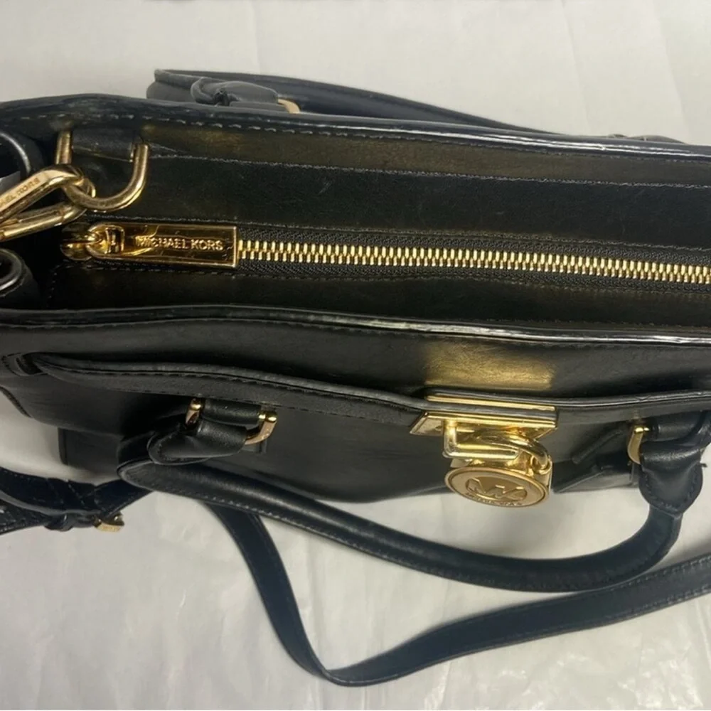 Michael Kors Black Leather Satchel with Gold Hardware